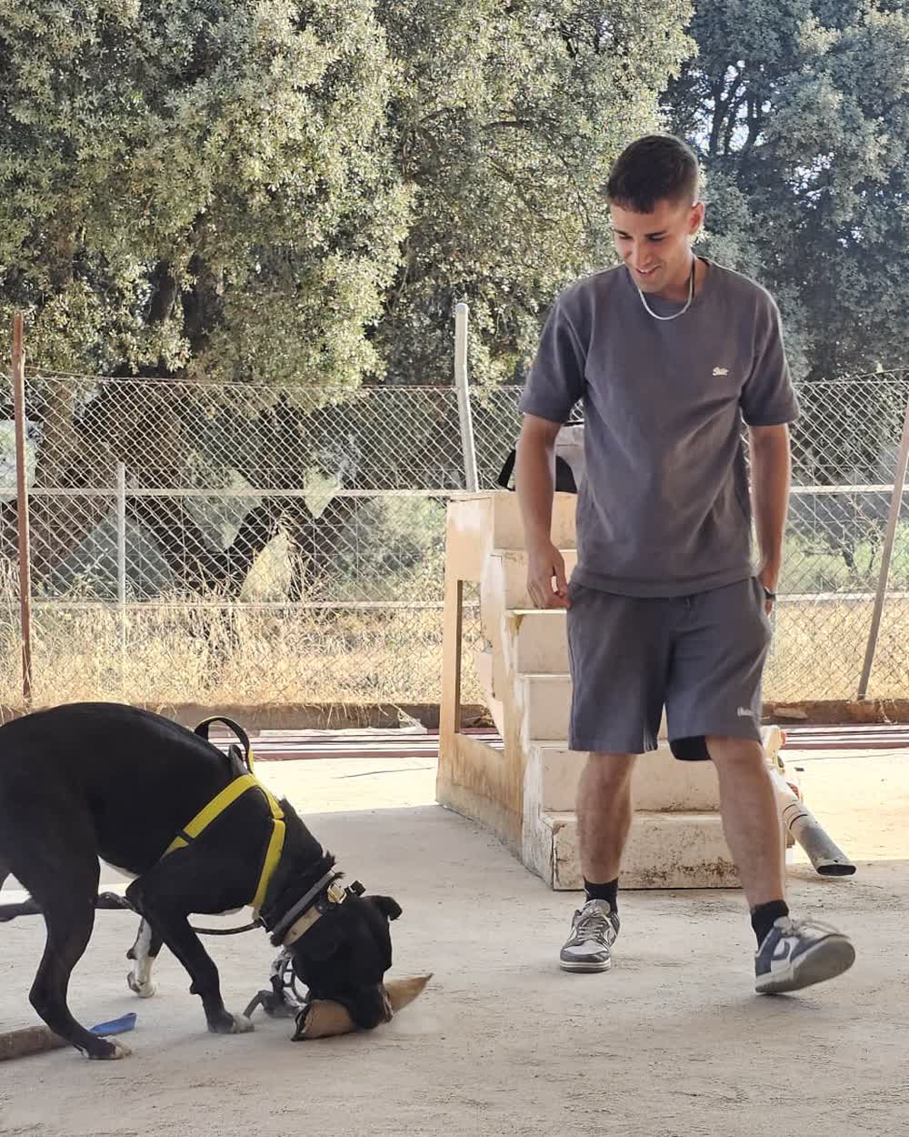 Adrián Teruel observando con atención a un perro negro durante una sesión de trabajo en el campo de entrenamiento