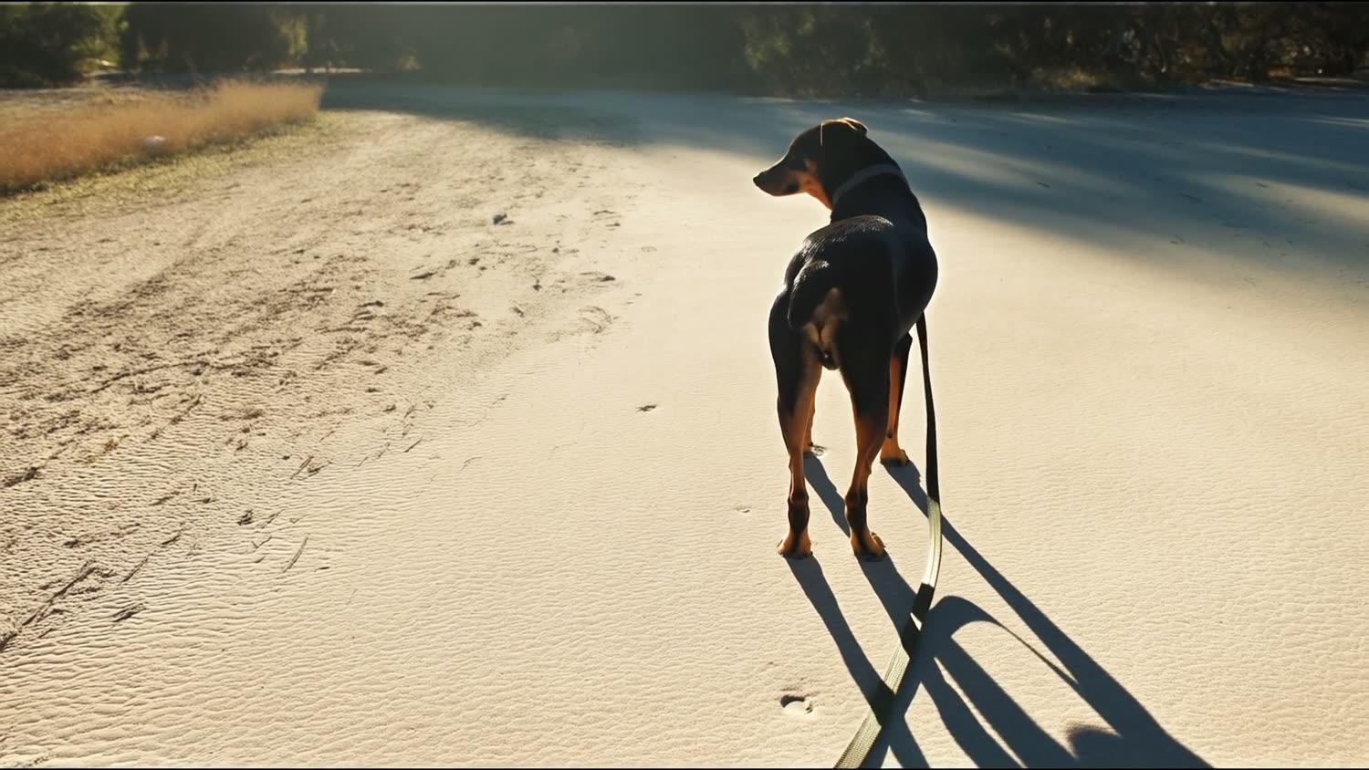 Un perro parado con la correa floja tocando la arena, al atardecer